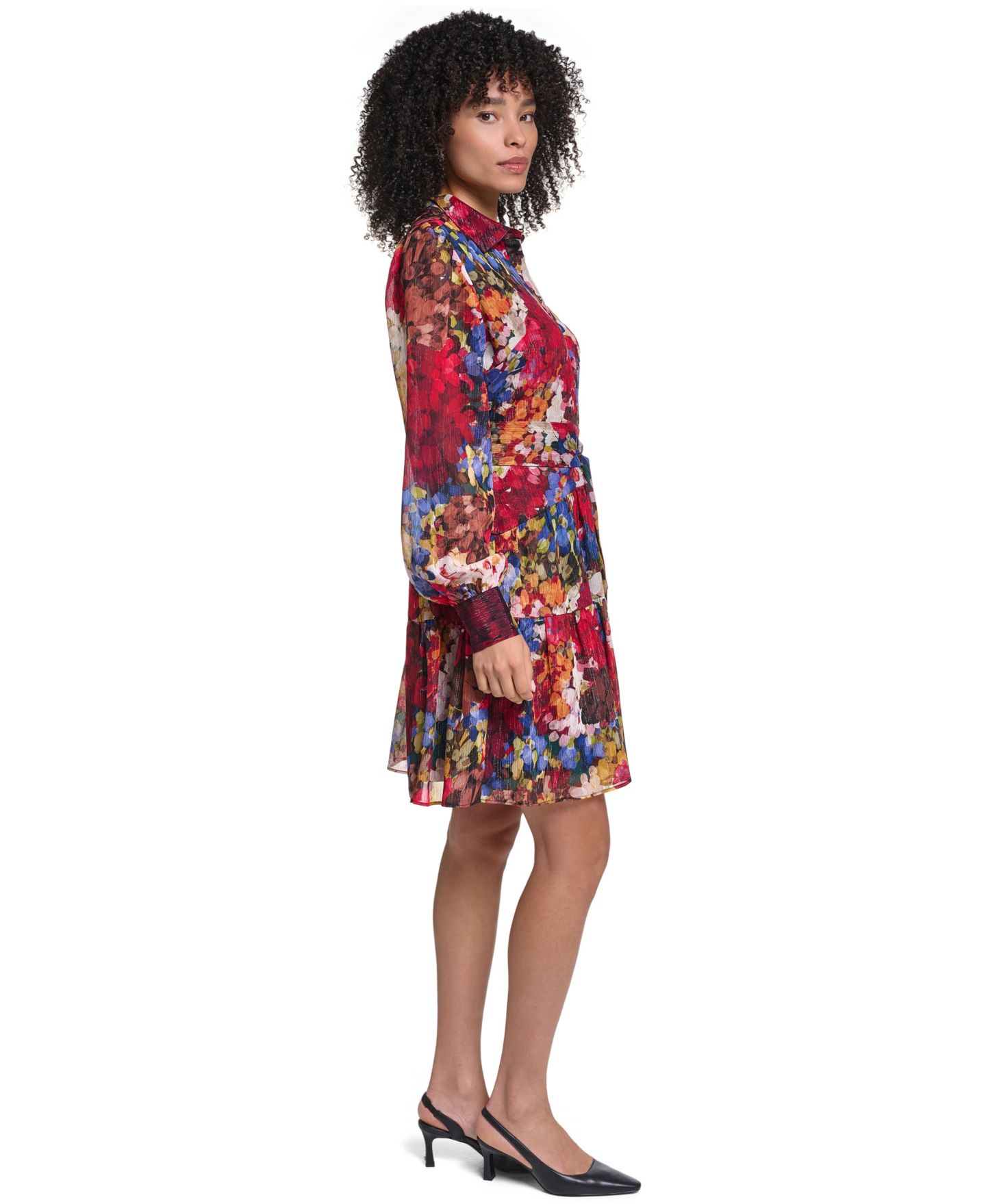 Женское платье KARL LAGERFELD PARIS Printed Metallic Chiffon Shirtdress, цвет: Разноцветный — фото 3
