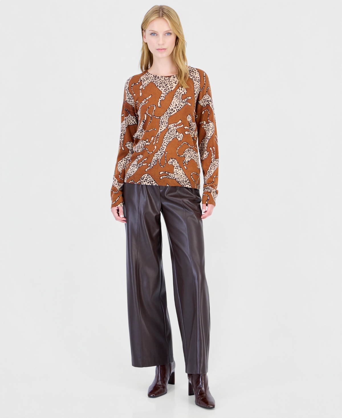 T Tahari Women's Long-Sleeve Leopard-Print Sweater