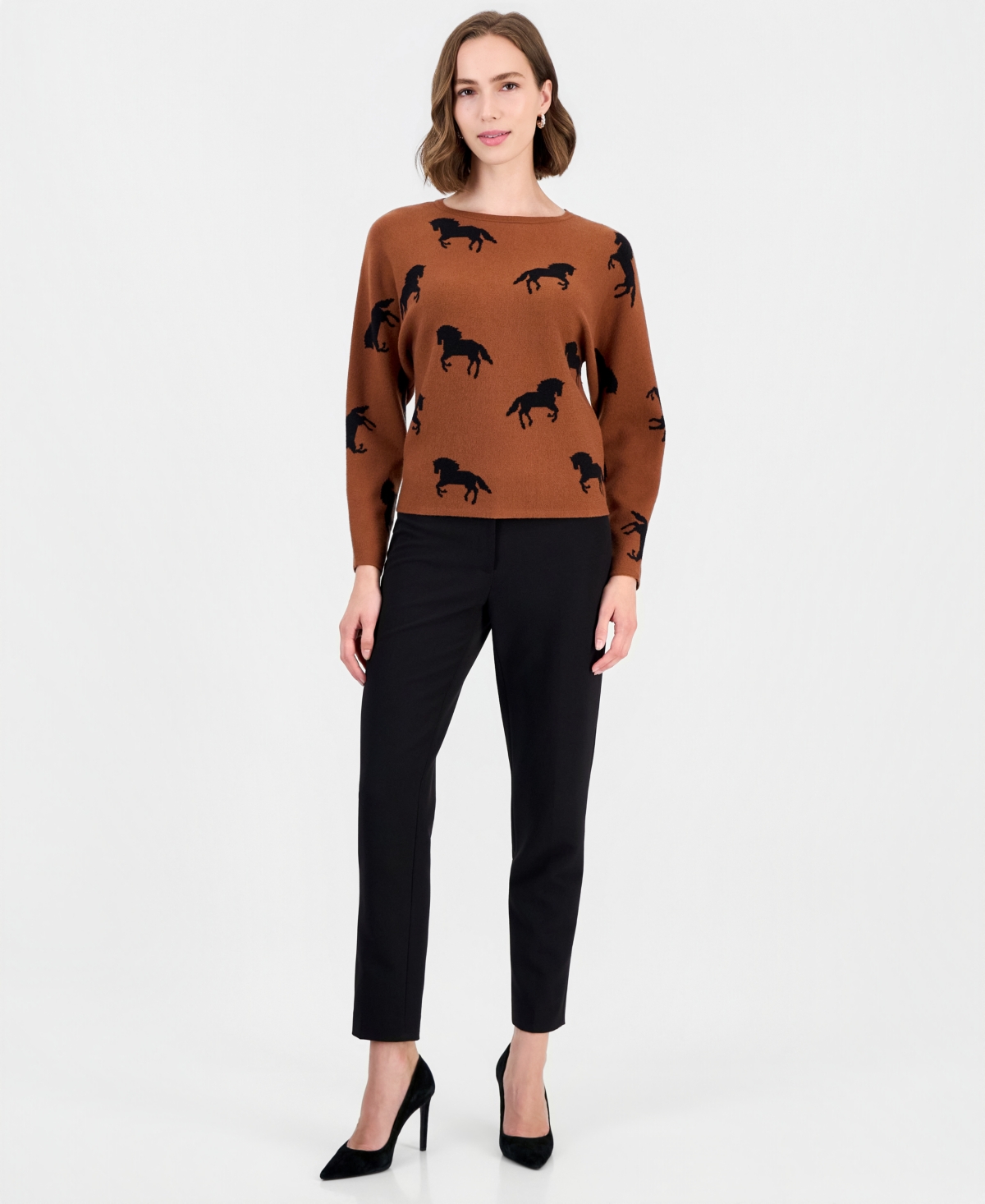 T Tahari Women's Dolman Sleeve Crewneck Horse Jacquard Pullover Sweater