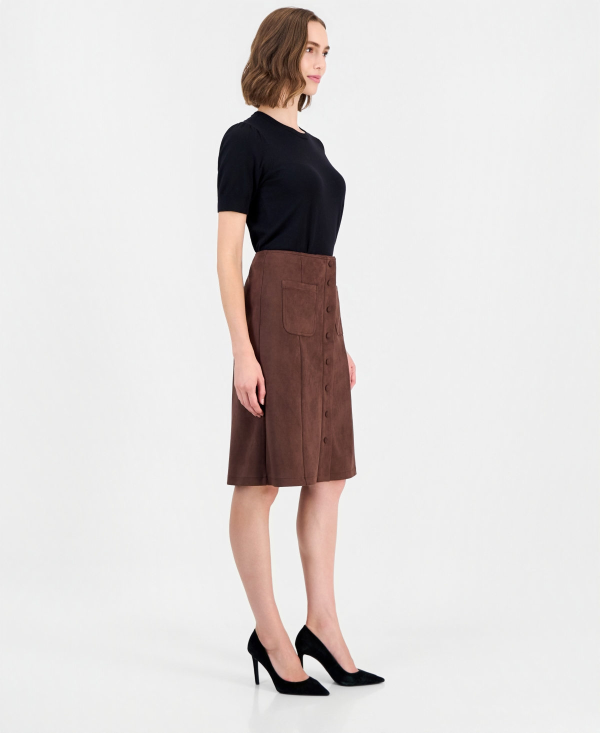 T Tahari Women's High-Waisted Midi A-Line Faux Suede Skirt