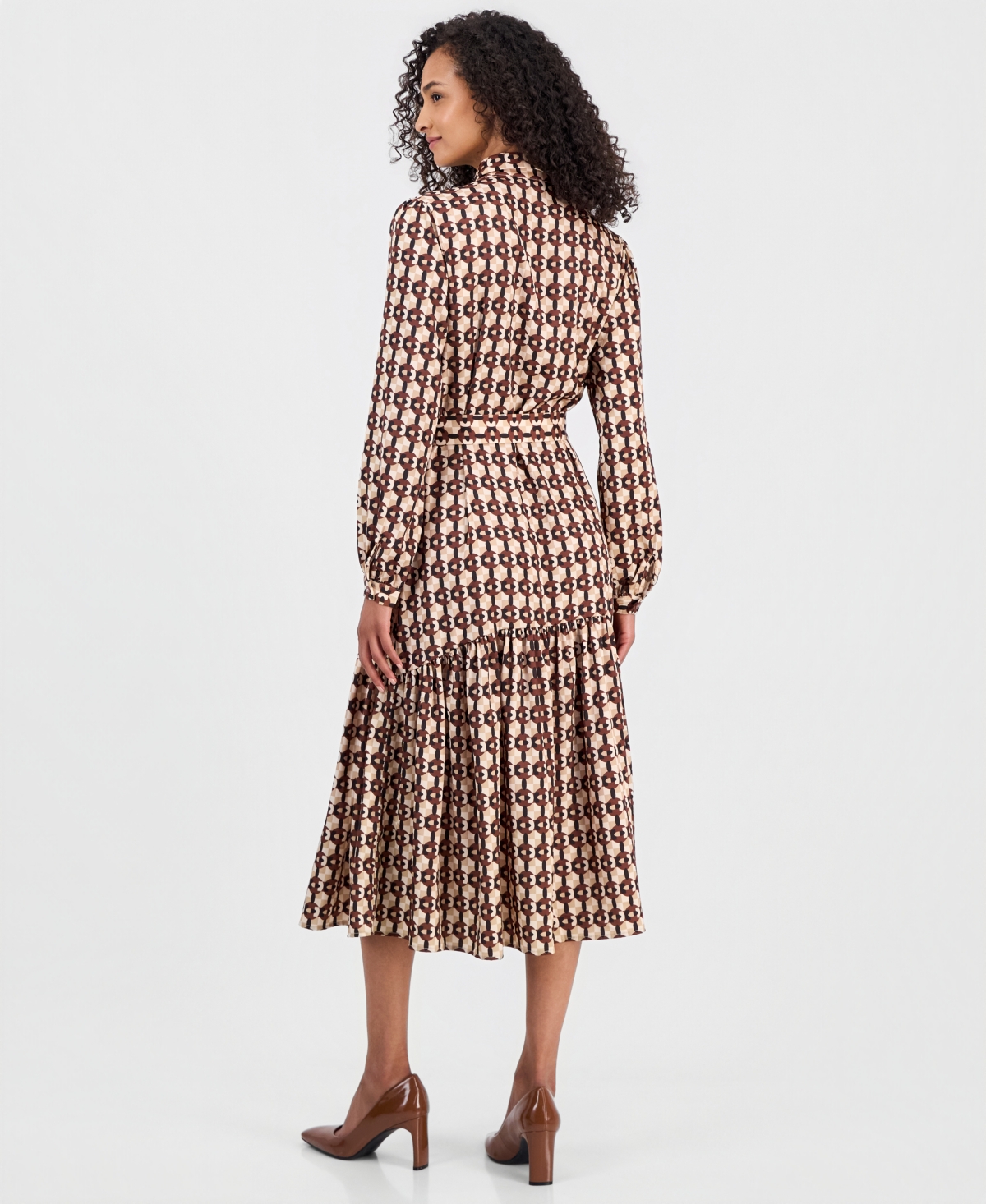 T Tahari Women's Long-Sleeve Button-Down Peplum Midi Dress
