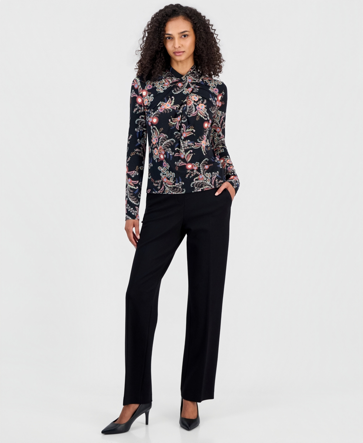 T Tahari Women's Long-Sleeve Paisley Draped-Neck Blouse