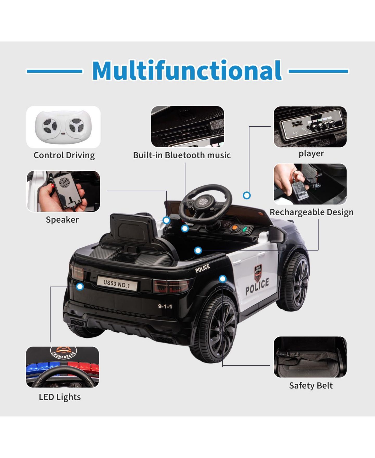 Детская игрушка homfan 38.6" x 19.9" x 11.4" Police Car Electric Ride-On with Remote Control, Ages 3-6, цвет: Чёрный — фото 3