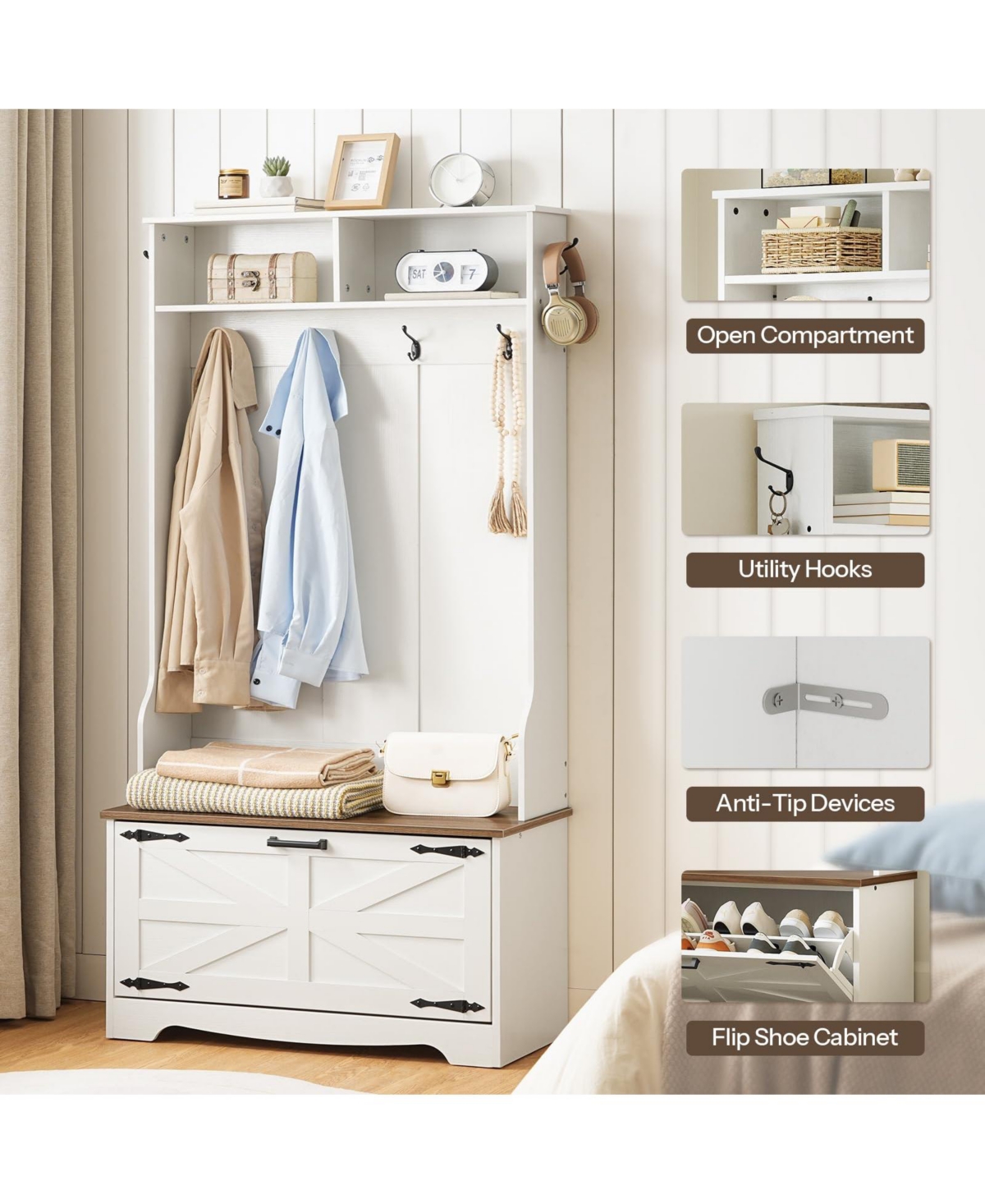 Slickblue Entryway Organizer with Coat Rack, Shoe Storage and Flip-Top Drawers