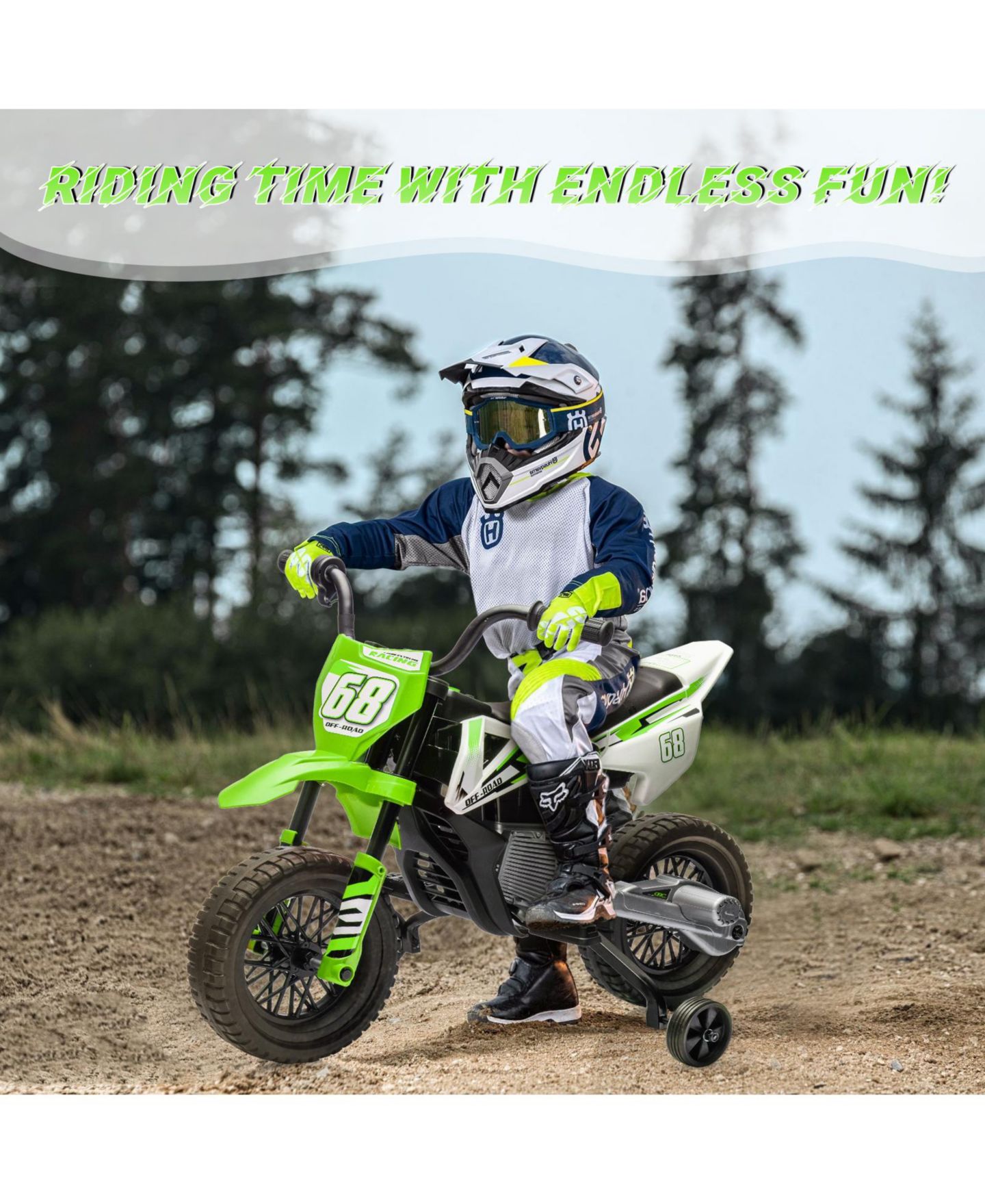 Детская игрушка homfan 12V Electric Dual Motor Dirt Bike with Training Wheels, 66 lbs Capacity, Ages 3-8, цвет: Зелёный — фото 7