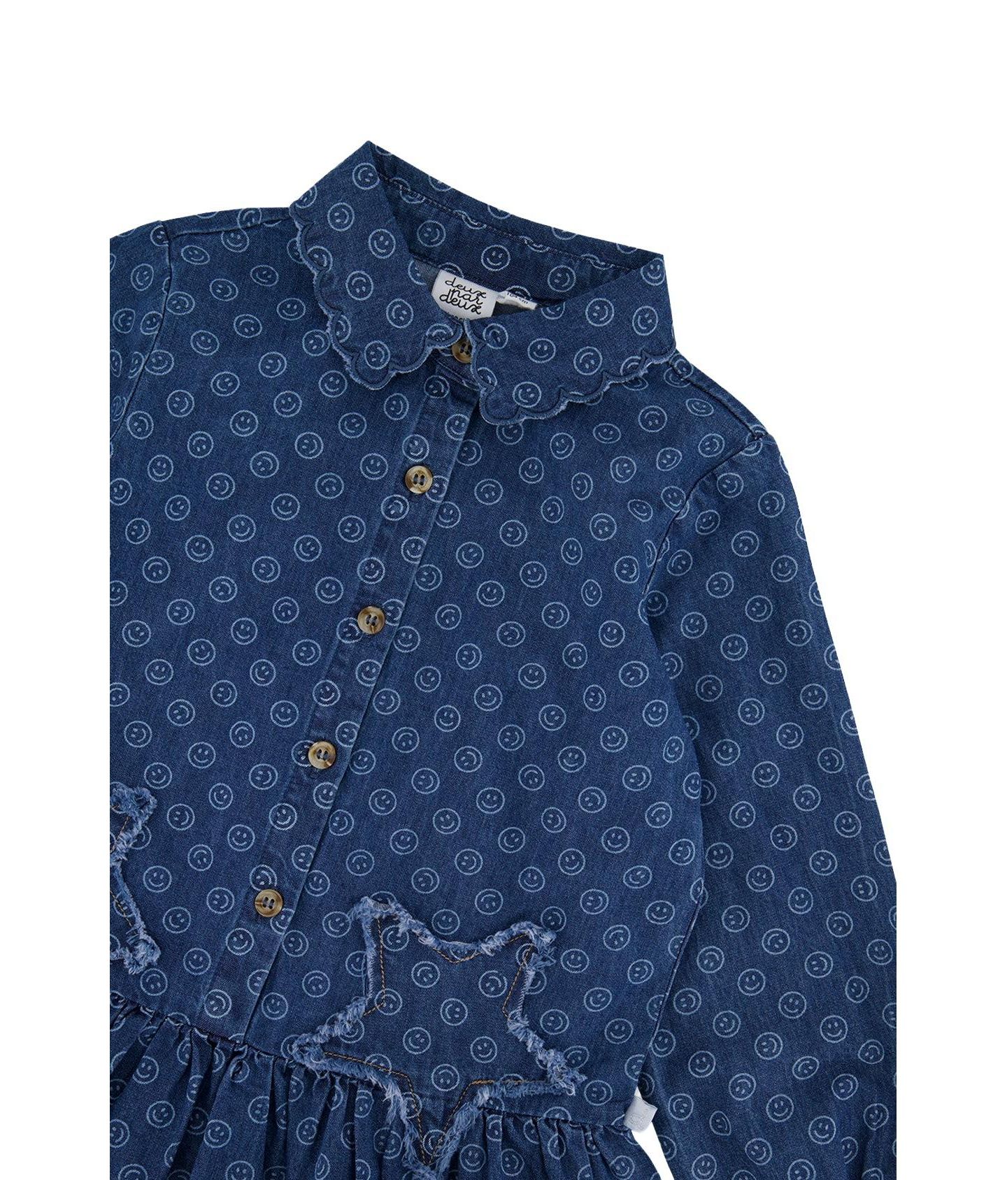 Платье Deux par Deux Shirt Dress Smiley Print для девочек, цвет: Синий с принтом — фото 7