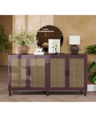 70 Inch Rattan Four-Door Sideboard MDF Solid Wood Leg Adjustable Shelf Easy Assembly Home Storage Cabinet