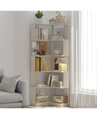 6-Tier L-Shaped Corner Bookshelf, Anti-fall Baffle Hollow Back Home Storage Rack