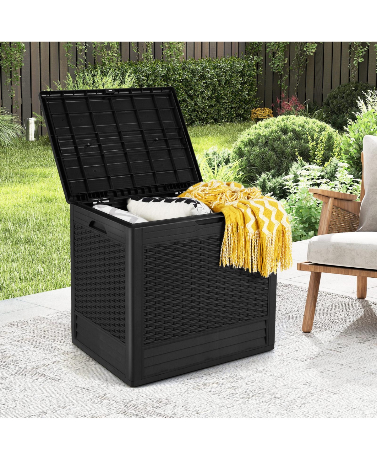 Gymax 25 Gallon Outdoor Storage Box Pp Deck Container With Rattan Patterns and Lockable Lid