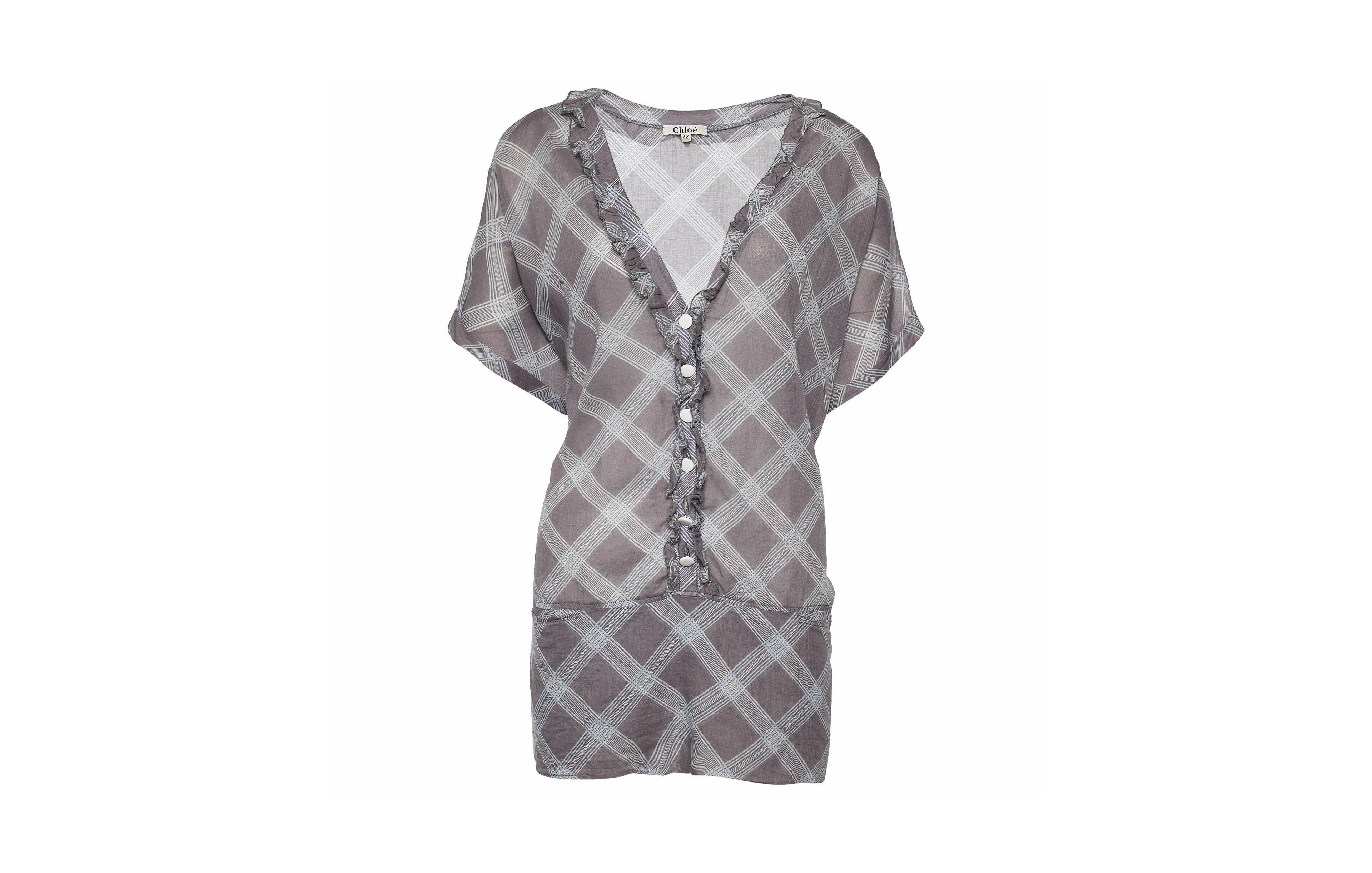 Pre-Owned Chloe Women's Ruffle-Trim Check Print Cotton Blouse