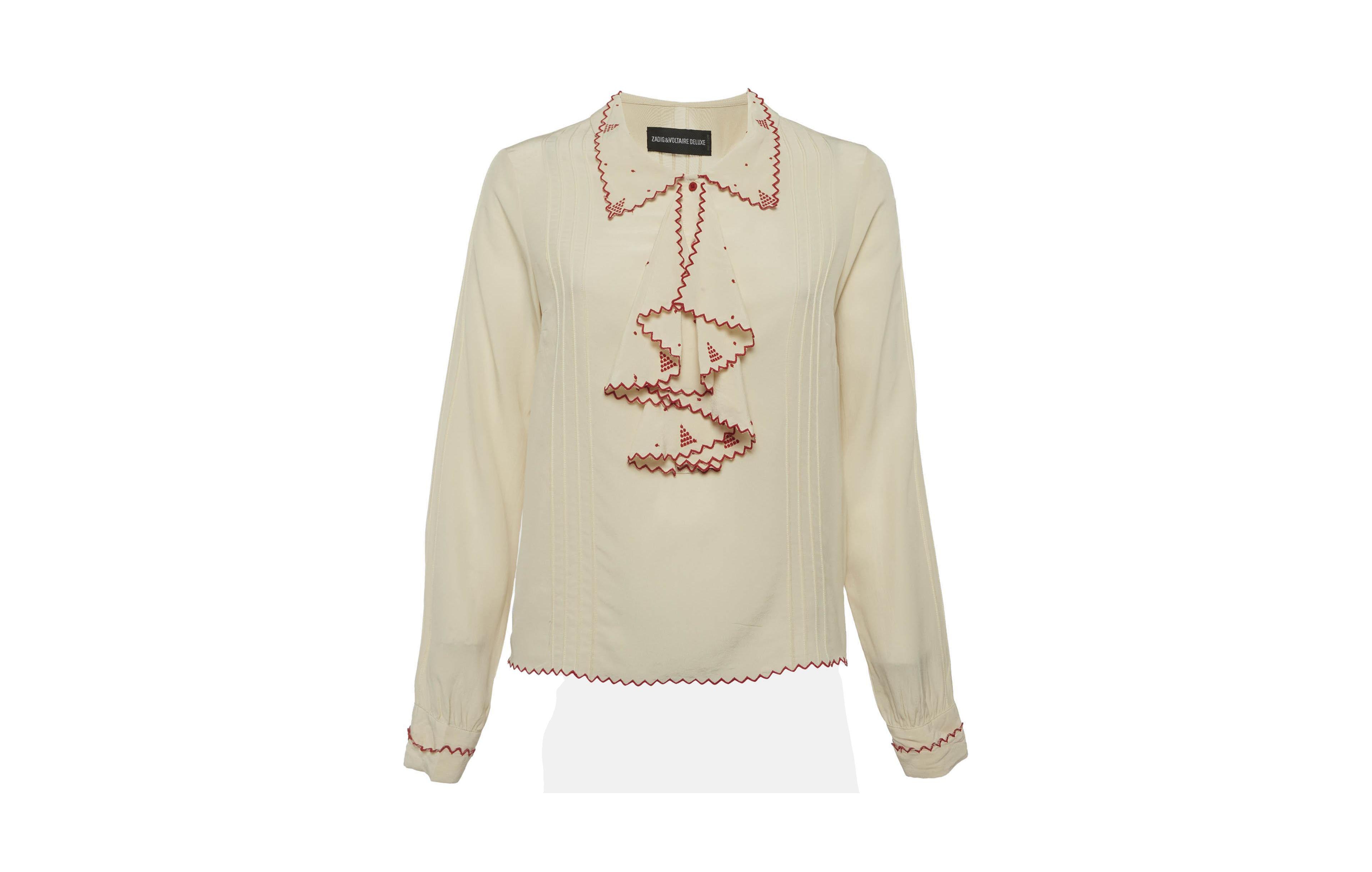 Pre-Owned Zadig & Voltaire Women's Deluxe Silk Ruffled Blouse with Embroidered Trim