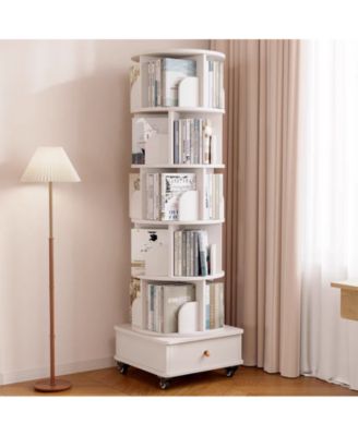 6-Tier 360 Degree Rotating Bookshelf with Single Drawer, Tall Narrow Wooden Corner Home Display Rack