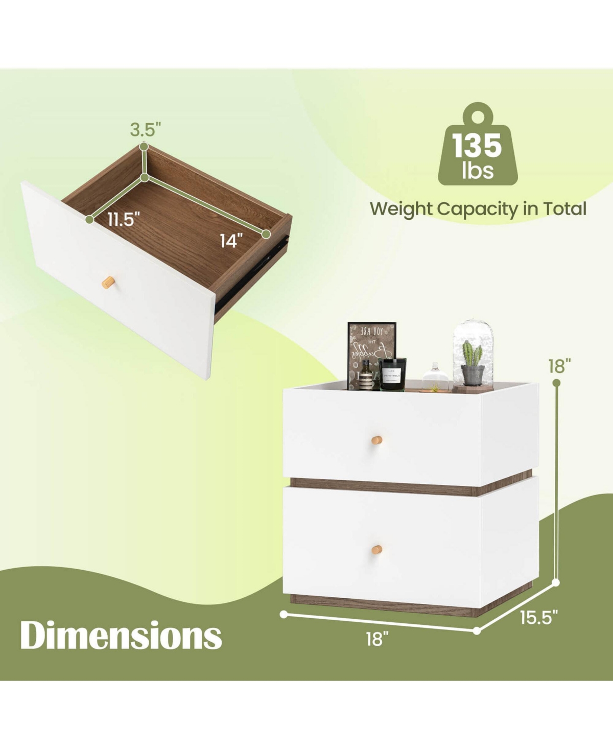 Costway 1 Pieces 2-Drawer Nightstand Modern Bedside Table with Storage Raised Edge for Living Room