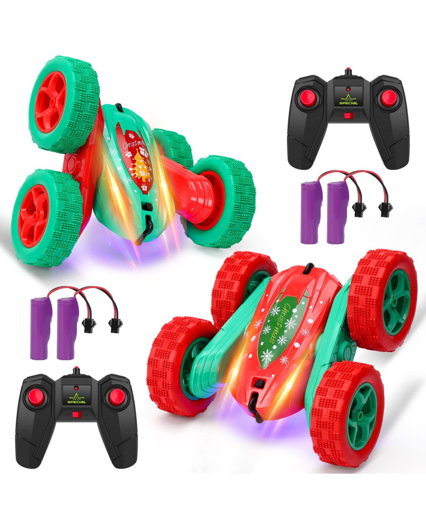 Детская игрушка homfan 10.2 x 6.7 x 5.9 in Remote Control Stunt Car Christmas Edition RC Vehicle with 4 Batteries 360 Spinning Toy for Outdoor Adventure Play, цвет: Красный — фото 3
