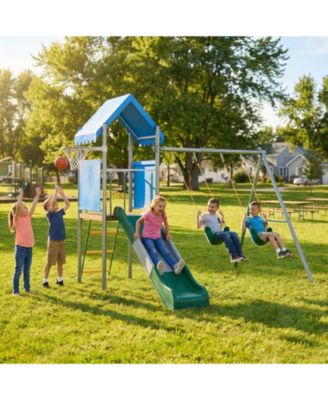 112 x 110 x 97 Inch Galvanized Steel and PE Outdoor Kids Treehouse Swing and Slides Playset with 2 Straight Swings