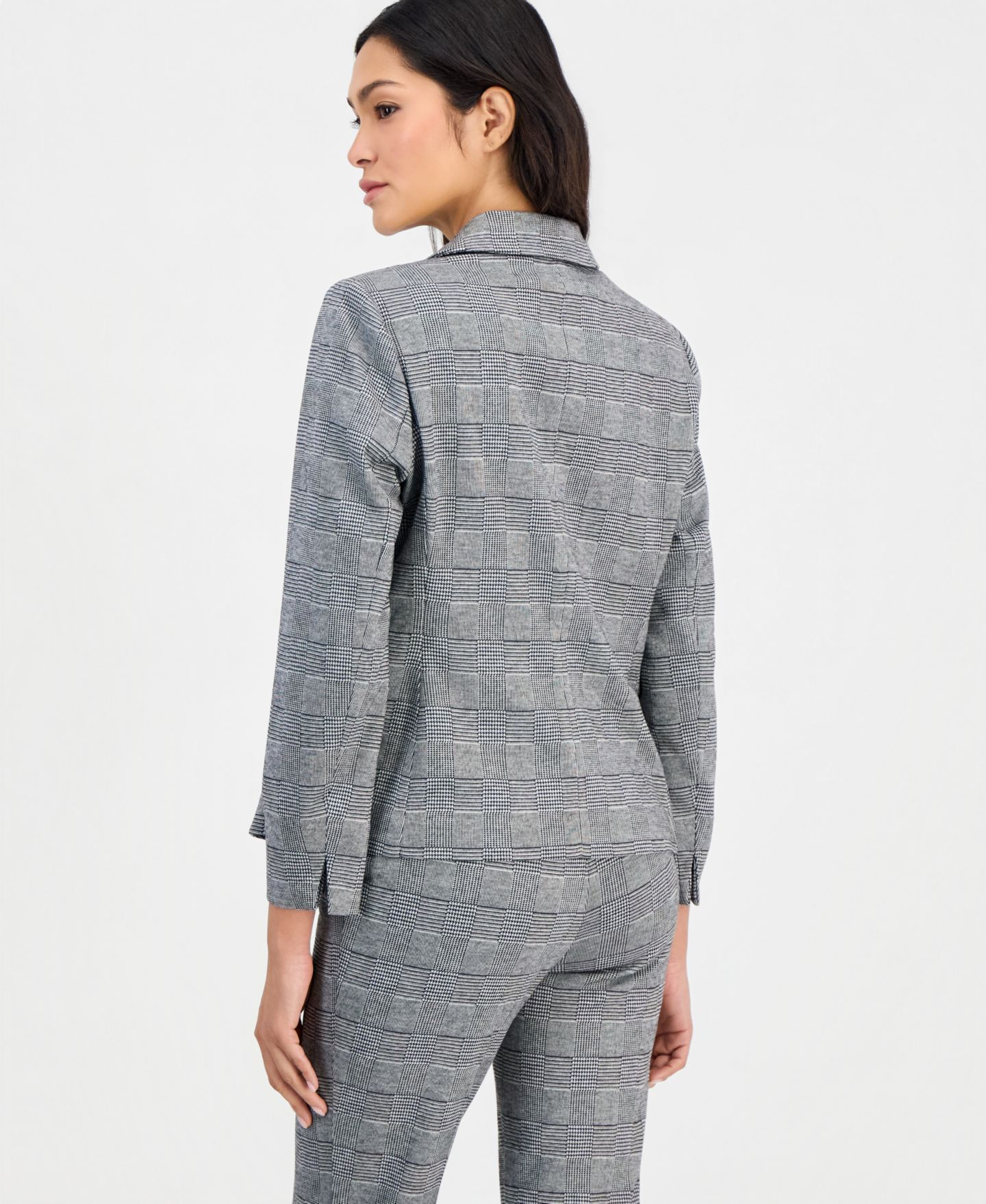 Женский пиджак Anne Klein Essentials Petite Plaid One-Button Blazer, цвет: Чёрный / Белый — фото 2