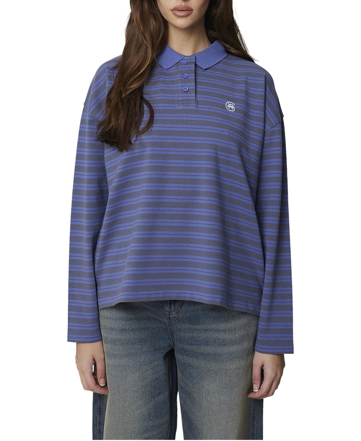 Женское поло Good For Nothing Long Sleeve Striped Polo, цвет: Синий — фото 1