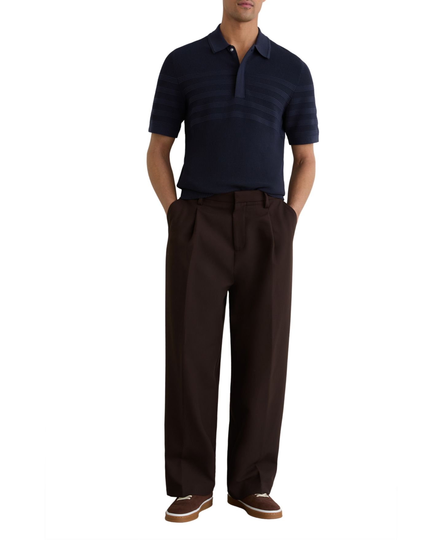 Мужское поло REISS Falklands Cotton-Blend Textured-Knit Half-Zip Polo Shirt, цвет: Тёмно-синий — фото 4