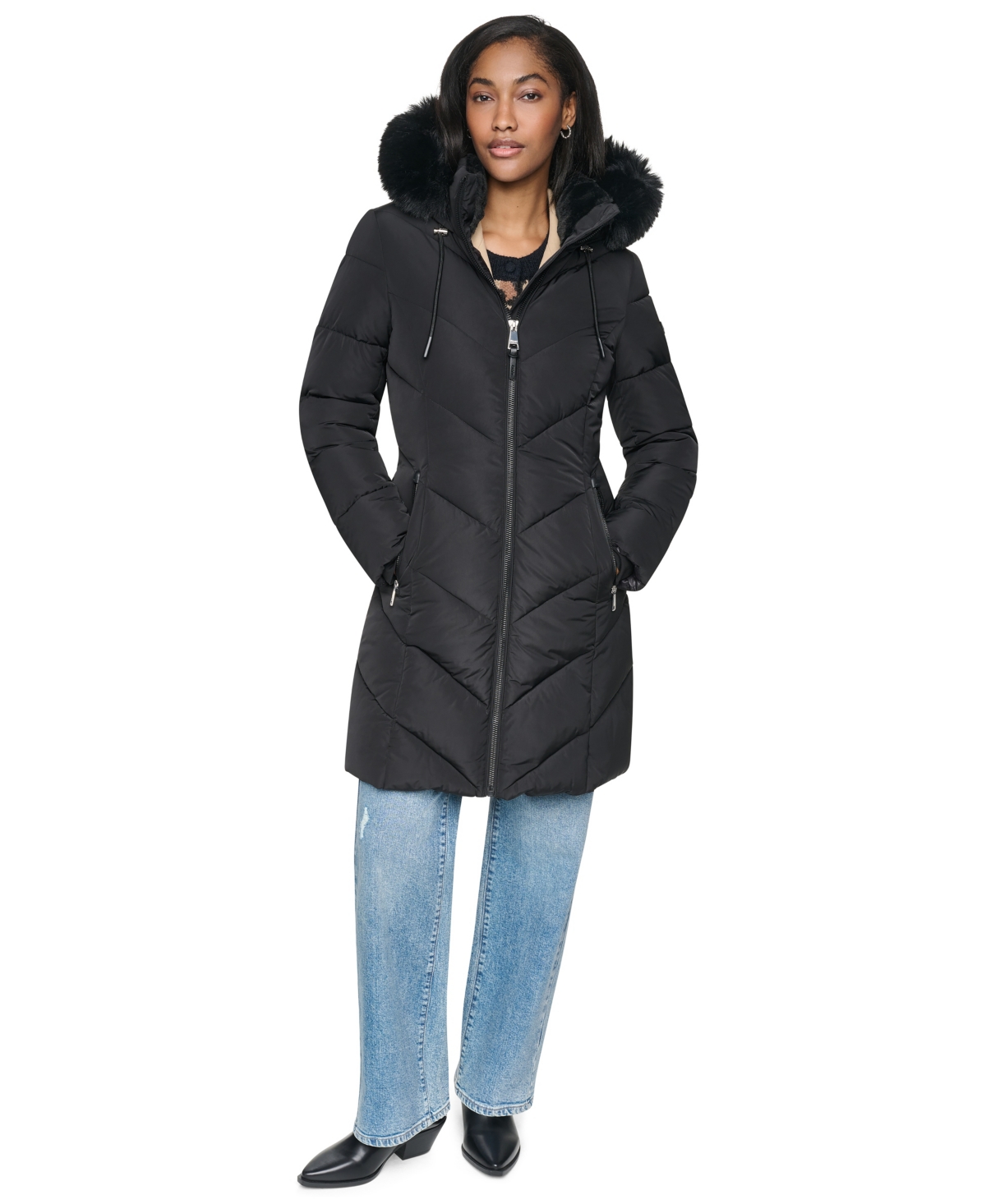 Dkny Women's Walker Length Puffer with Faux Fur Trimmed Hood Coat - Black