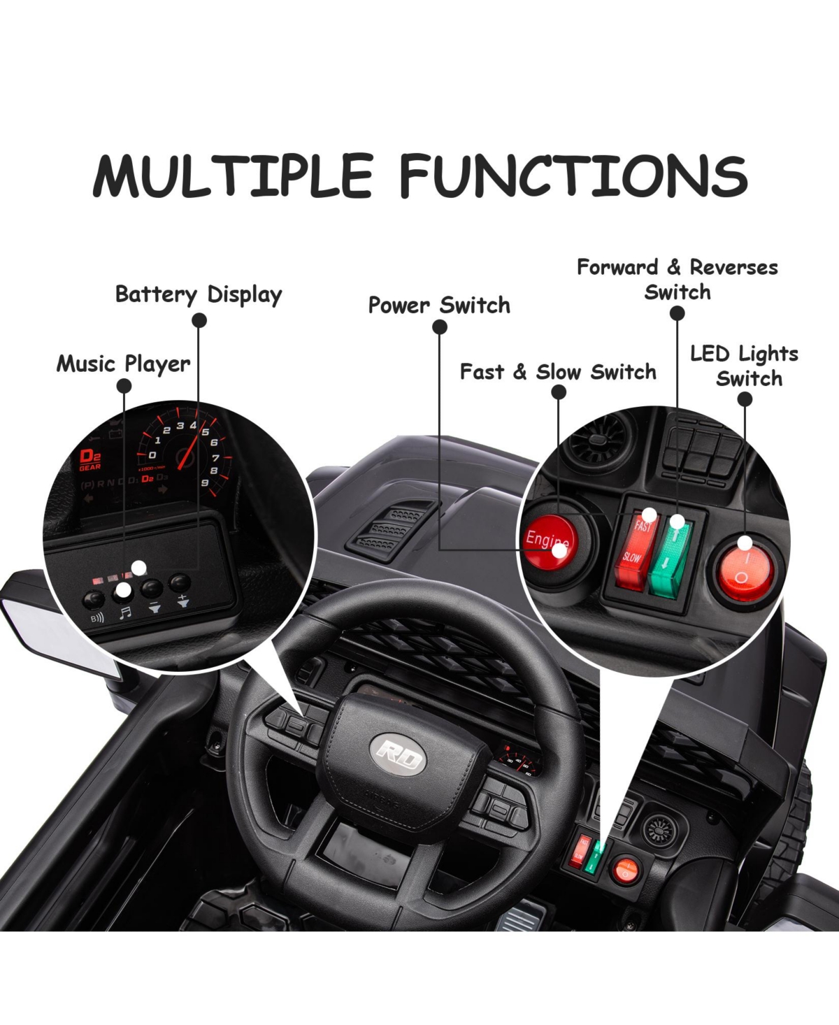 homfan Ride On Truck, Battery Powered Electric Toy for Kids with 2.4G Remote Control, 4-Wheel Spring Suspension, Led Lights, Music