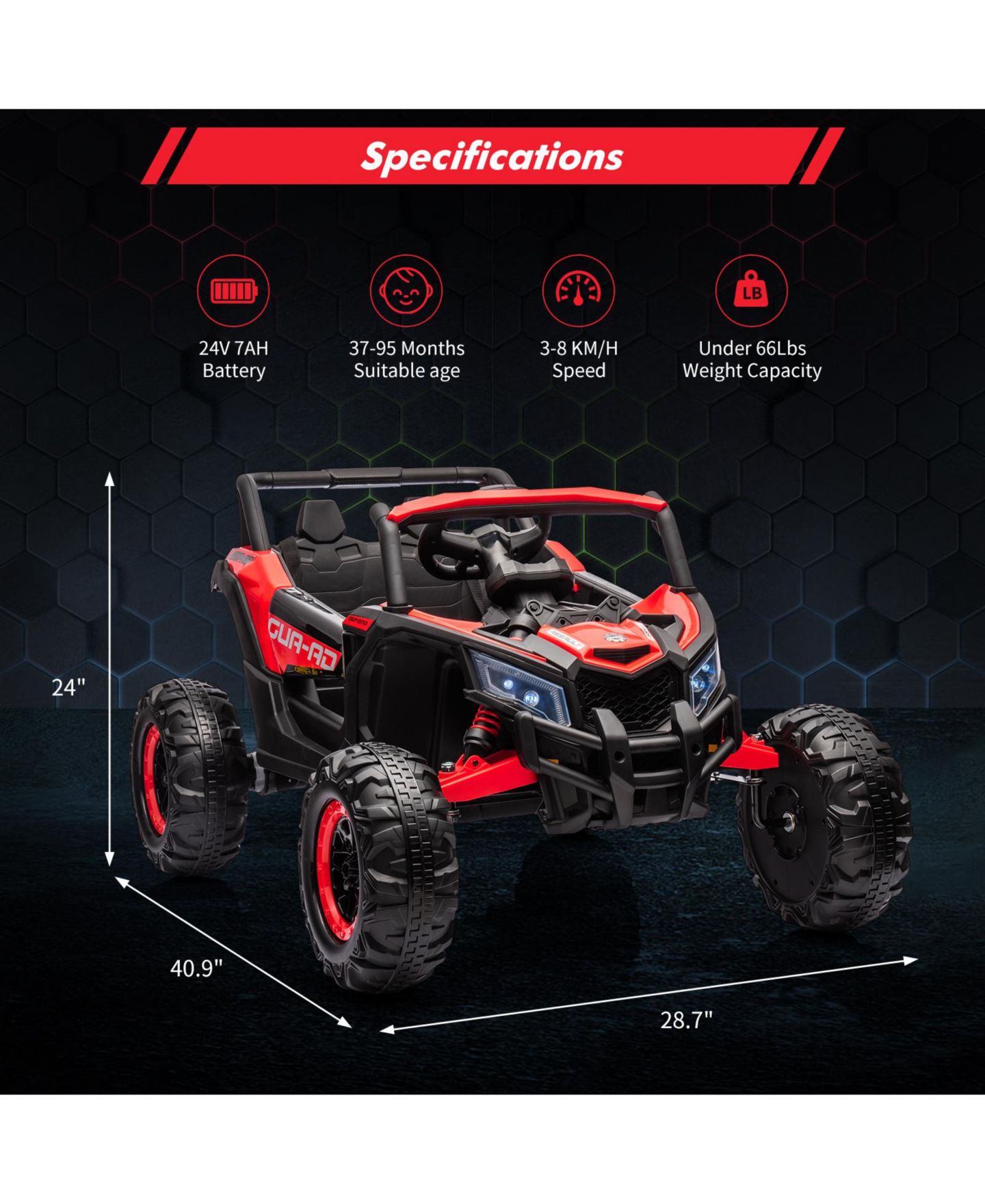 Детская игрушка homfan 24V 2-Seater Kids Electric UTV Ride-On Car - 200W Dual Motors, Metal Frame, Off-Road Suspension, Remote Control, USB, Music, LED Lights, цвет: Красный — фото 2
