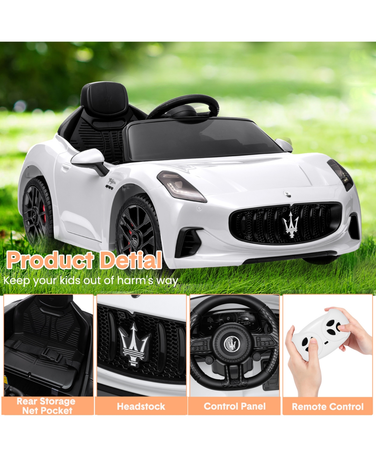 homfan 12V Licensed Maserati Ride On Car, Remote Control, Led Light, Spring Suspension, Double Doors