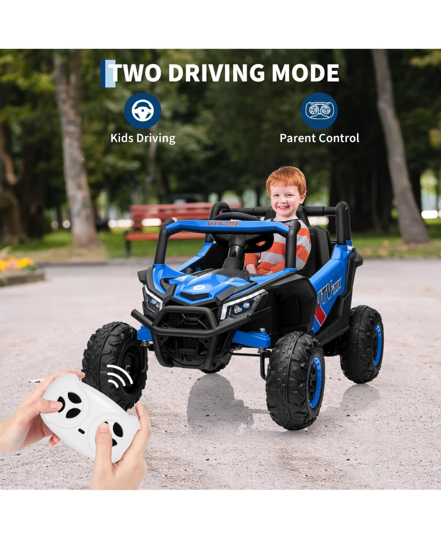 Детские игрушки homfan 12V Ride On UTV Truck, 4WD/2WD Switchable, 4 Spring Suspension, EVA Tires, Safety Belt, Double Doors, Bluetooth, Music — фото 7