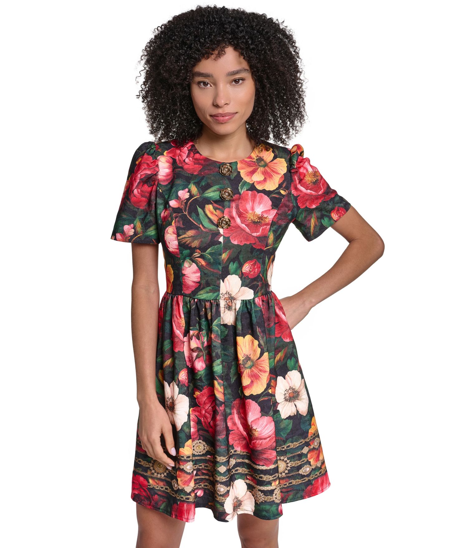 Женское платье KARL LAGERFELD PARIS Print Damask Jaquard Fit And Flare Midi, цвет: Чёрный / Разноцветный — фото 3