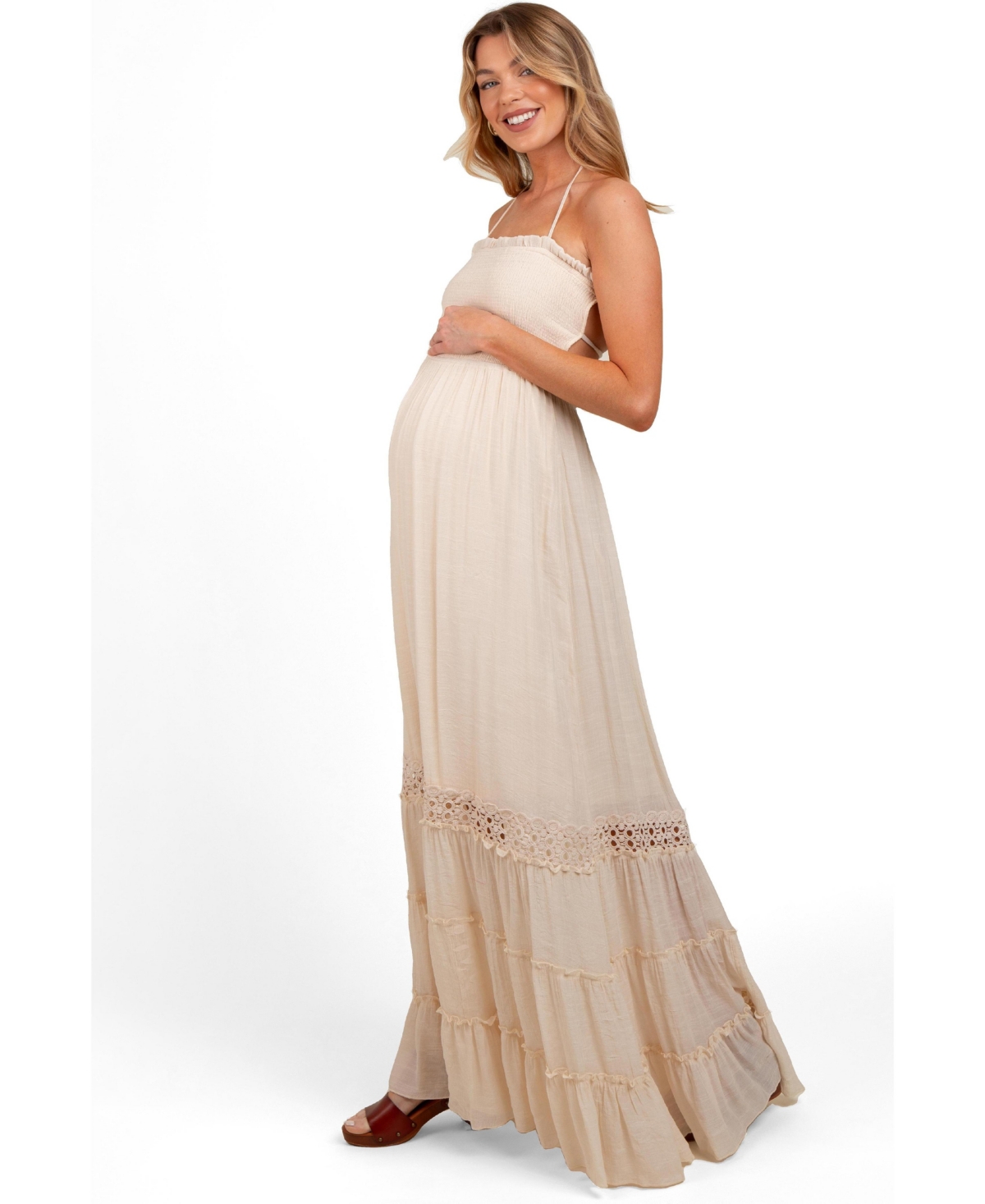 Pinkblush Women's Cream Smocked Open Back Maxi Dress