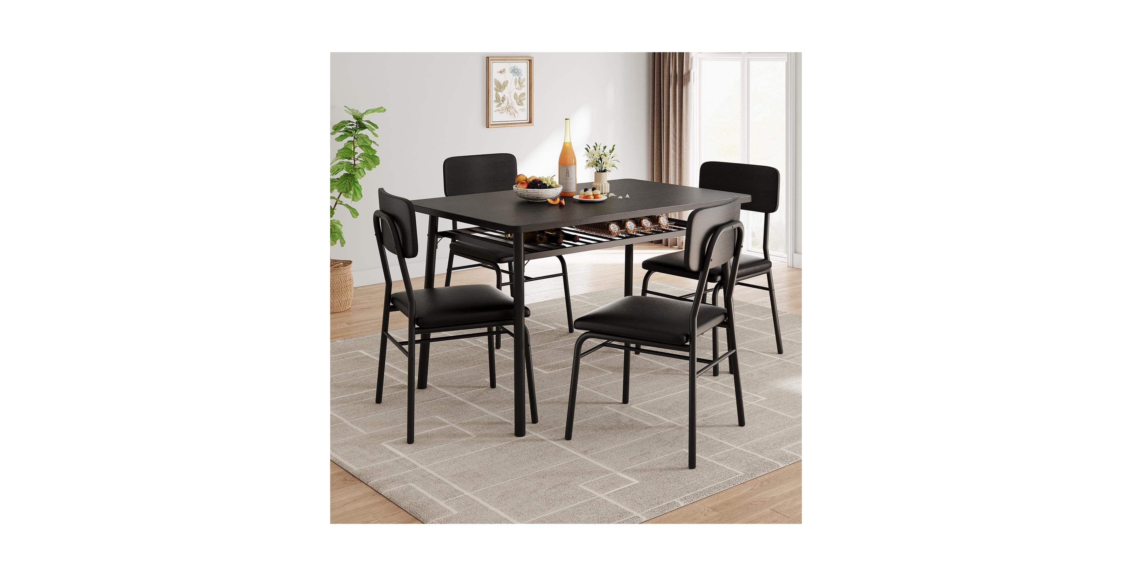 homfan 5-Piece Dining Set with Storage Rack - Modern Wood Table and 4 Upholstered Chairs, Metal Legs