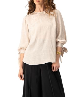 Women's Floral Jacquard Tie-Cuff Blouse with Three-Quarter Sleeve
