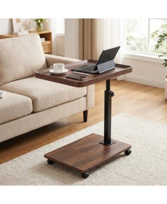 C Shaped End Table with Wheels, 360degree(s)Swivel Sofa Side Table, Wooden Accent TV Tray Table for Living Room and Bedroom, Small Places