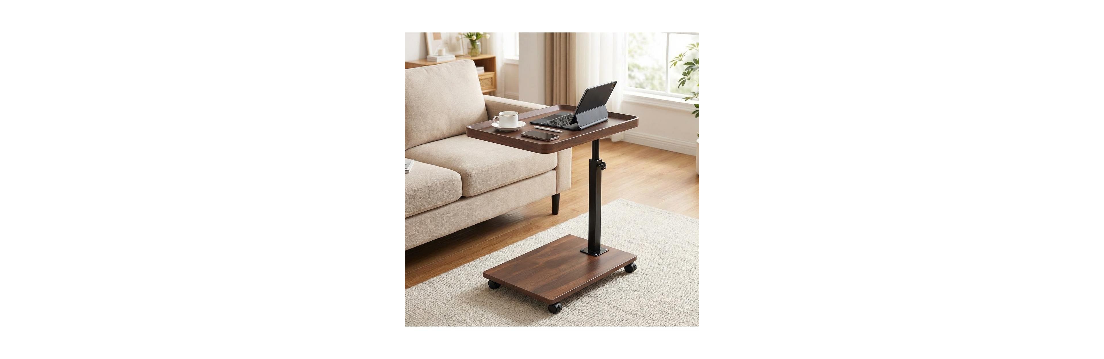 gaomon C Shaped End Table with Wheels, 360degree(s)Swivel Sofa Side Table, Wooden Accent Tv Tray Table for Living Room and Bedroom, Small Places