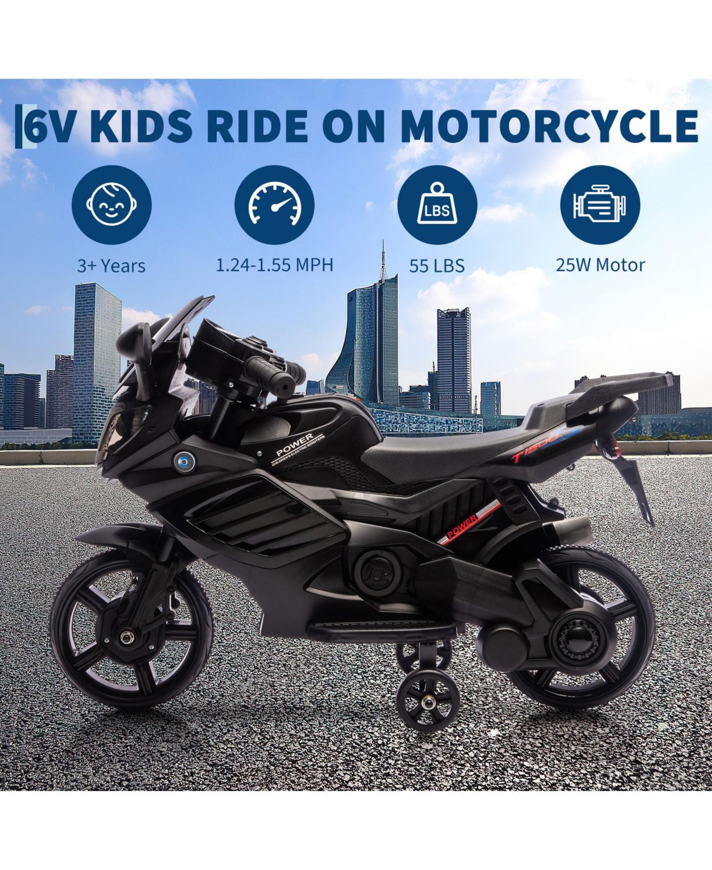 Детская игрушка homfan 6V Battery Powered Ride-On Motorcycle Toy, 3-Wheel Stable Design, Training Wheels, Headlight, Horn and Music, Realistic Motorbike, Outdoor Play, цвет: Чёрный — фото 6