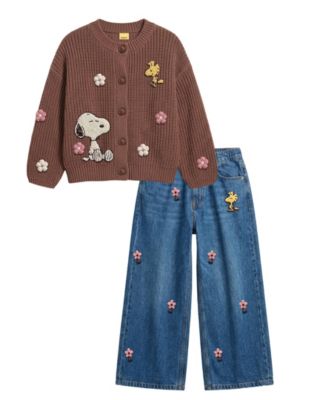 Girls’ 2T-6X Snoopy and Woodstock Cardigan and Denim Jeans, 2-Piece Set
