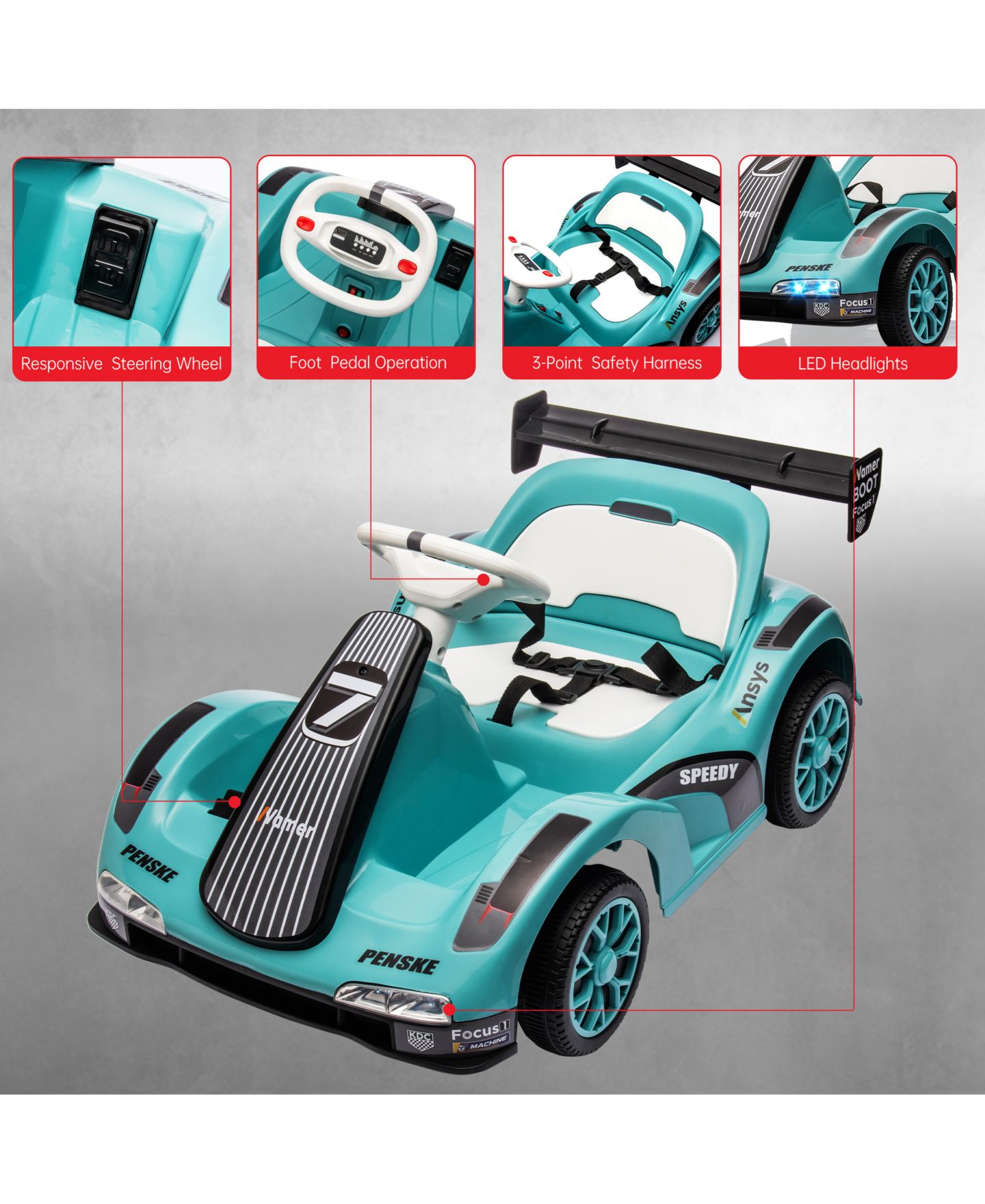 Детские игрушки homfan Electric Go Kart Ride-On Racing Car, Dual Motors, Remote Control, Safety Belt, LED Headlights, Music, Standard Test Method Certified, цвет: Зелёный — фото 5