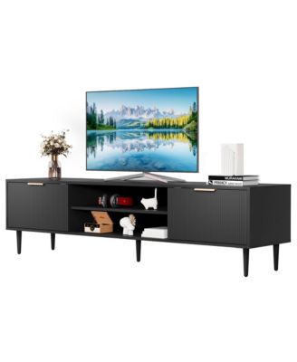 Modern TV Stand for 75 Inch TVs - Fluted Panel Entertainment Center 2 Large Storage Cabinets Wood Media Console with Metal Handles
