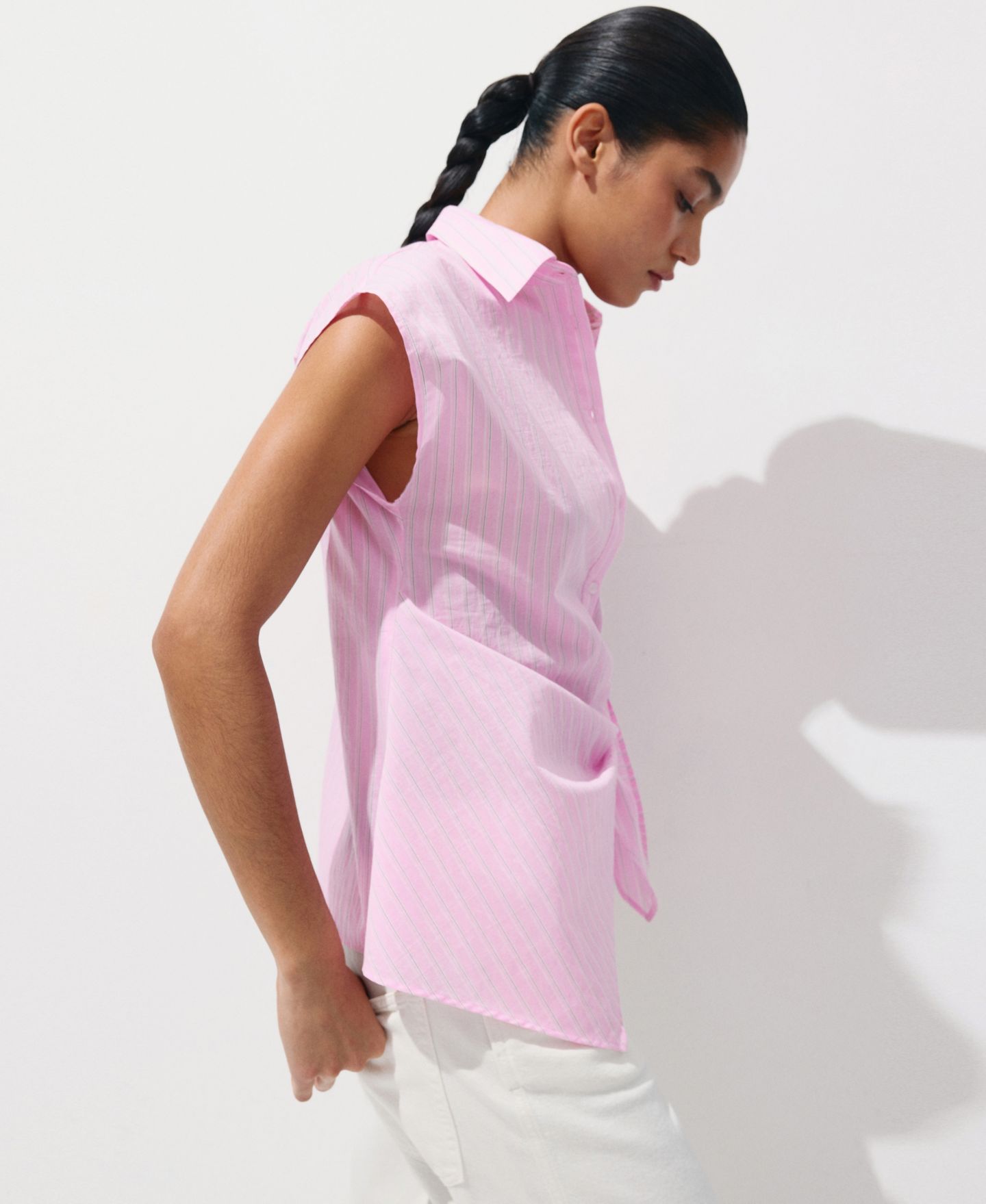 Женская рубашка Mango Striped Knotted Cotton, цвет: Розовый — фото 5