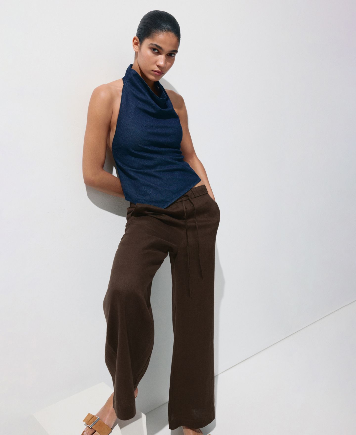 Женские брюки MANGO Wide-Leg Linen, цвет: Чёрный — фото 11
