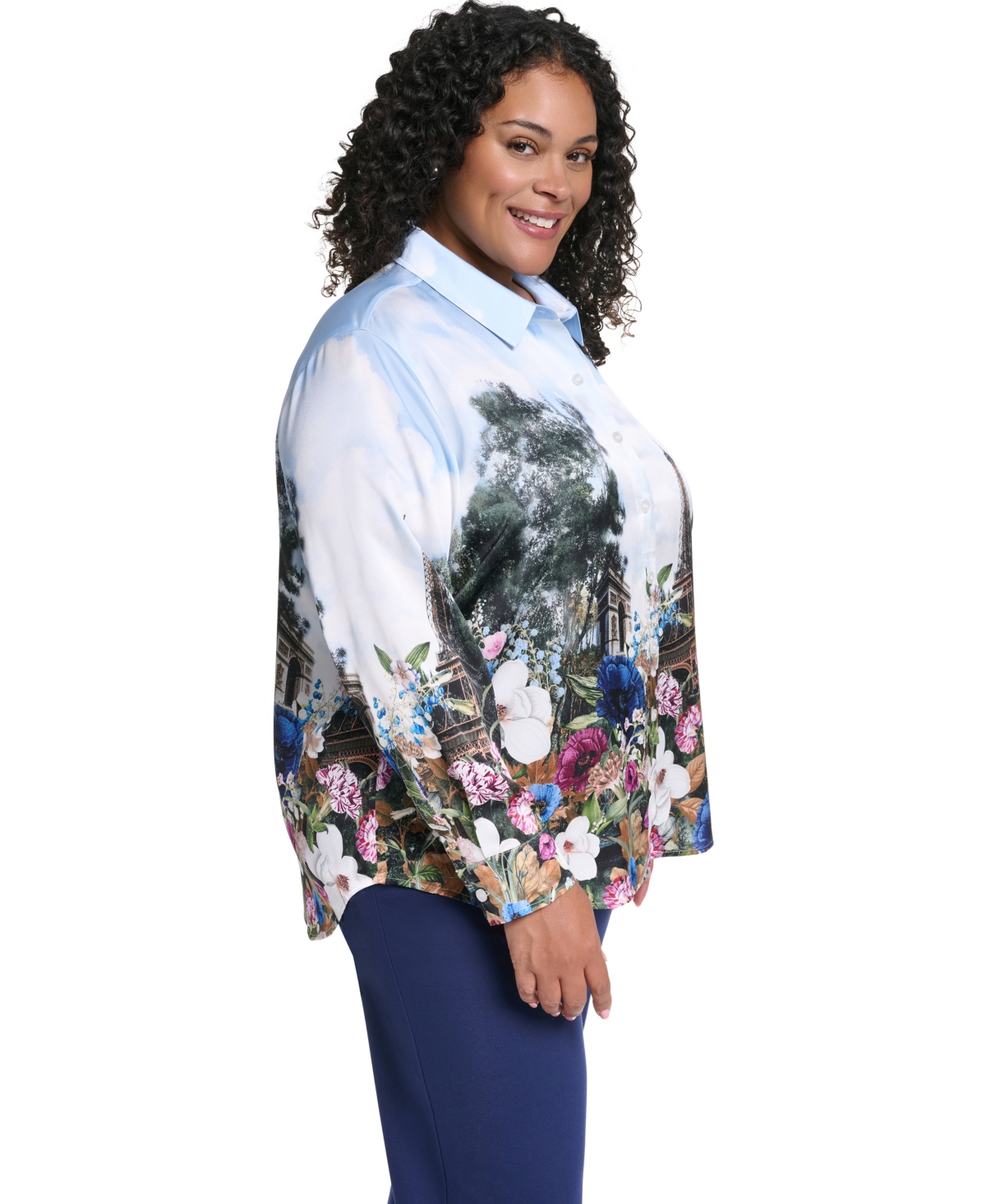 Karl Lagerfeld Paris Plus City Scene Collared Button-Front Top