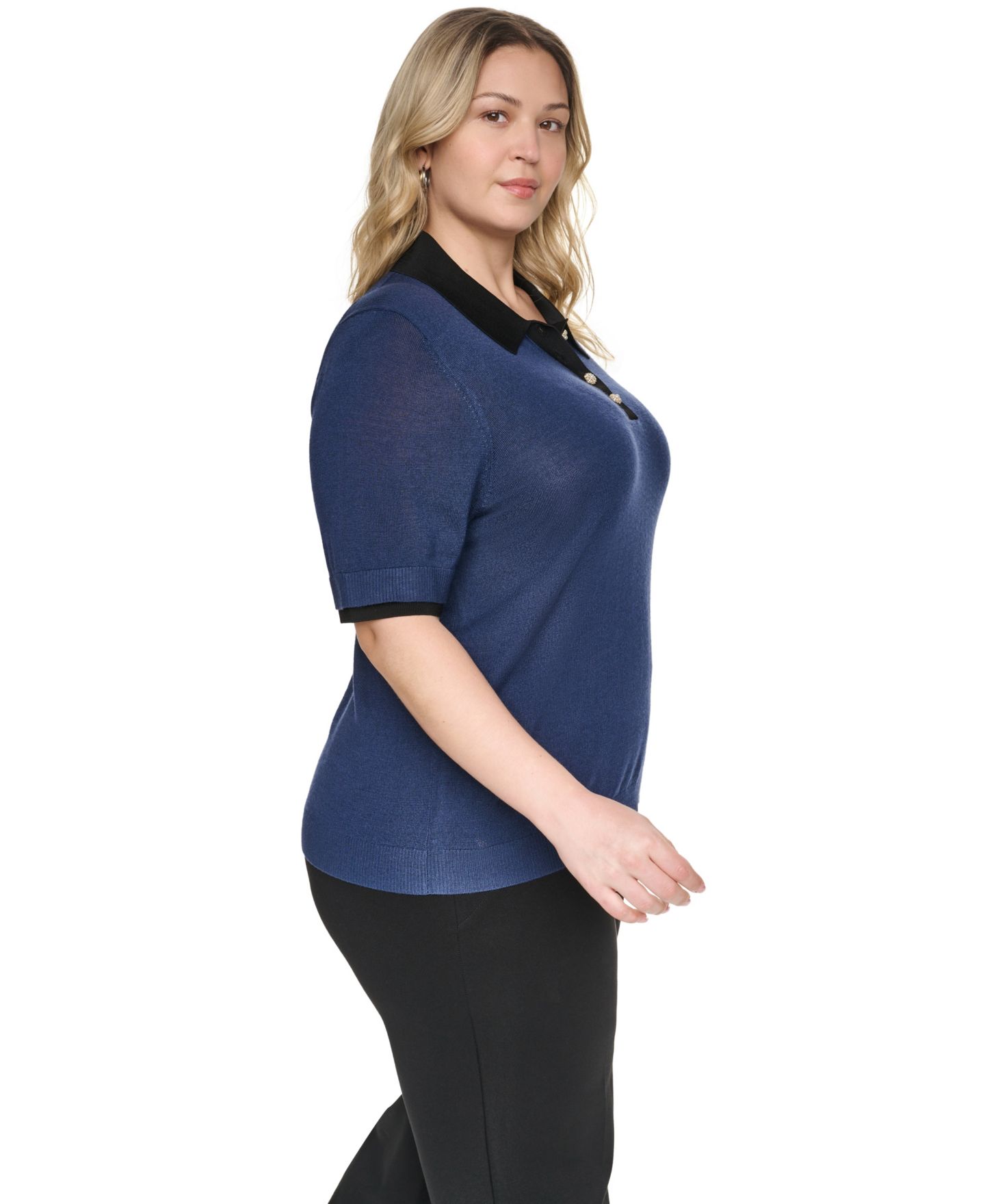 Женский свитер KARL LAGERFELD PARIS Plus Size Johnny Collar Short-Sleeve Sweater, цвет: Чёрный — фото 3