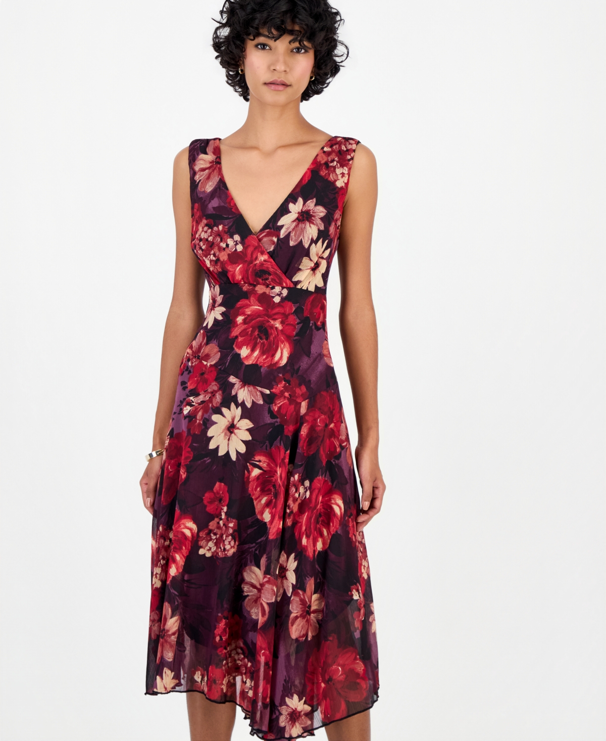 Connected Petite Floral Asymmetrical-Hem V-Neck Dress