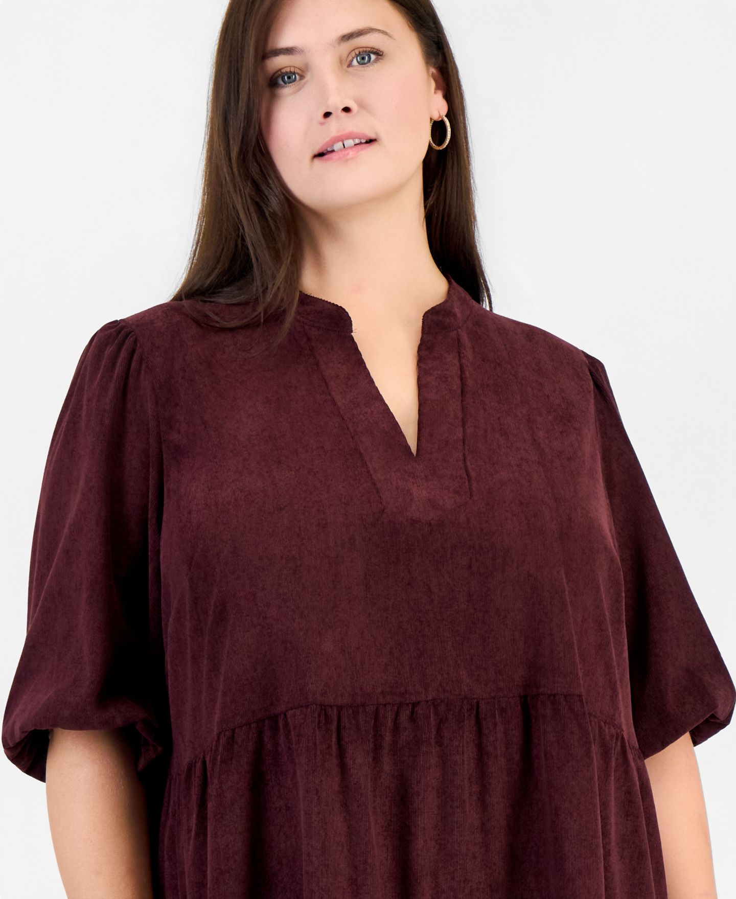 Женское платье Robbie Bee Plus Size Corduroy Puff-Sleeve Tiered, цвет: Винный — фото 2
