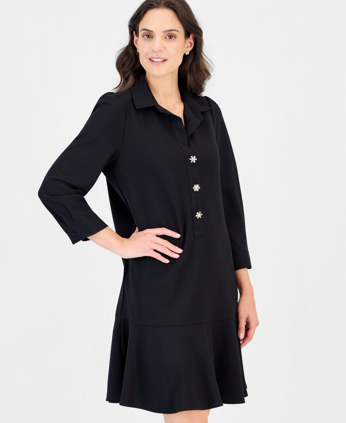 Женское платье Robbie Bee Petite Collared 3/4-Sleeve Flared-Hem, цвет: Чёрный — фото 3