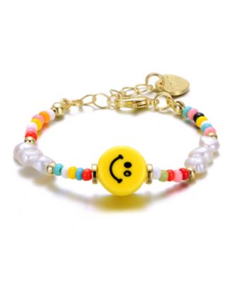 14k Yellow Gold Plated Multi Color Beads Bracelet with Freshwater Pearls and a Smiley Charm for Kids