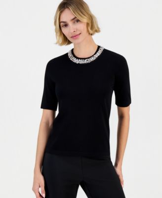 Women's Rhinestone-Embellished Short-Sleeve Sweater