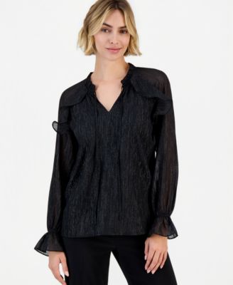 Women's Ruffle Raglan Long-Sleeve V-Neck Chiffon Blouse