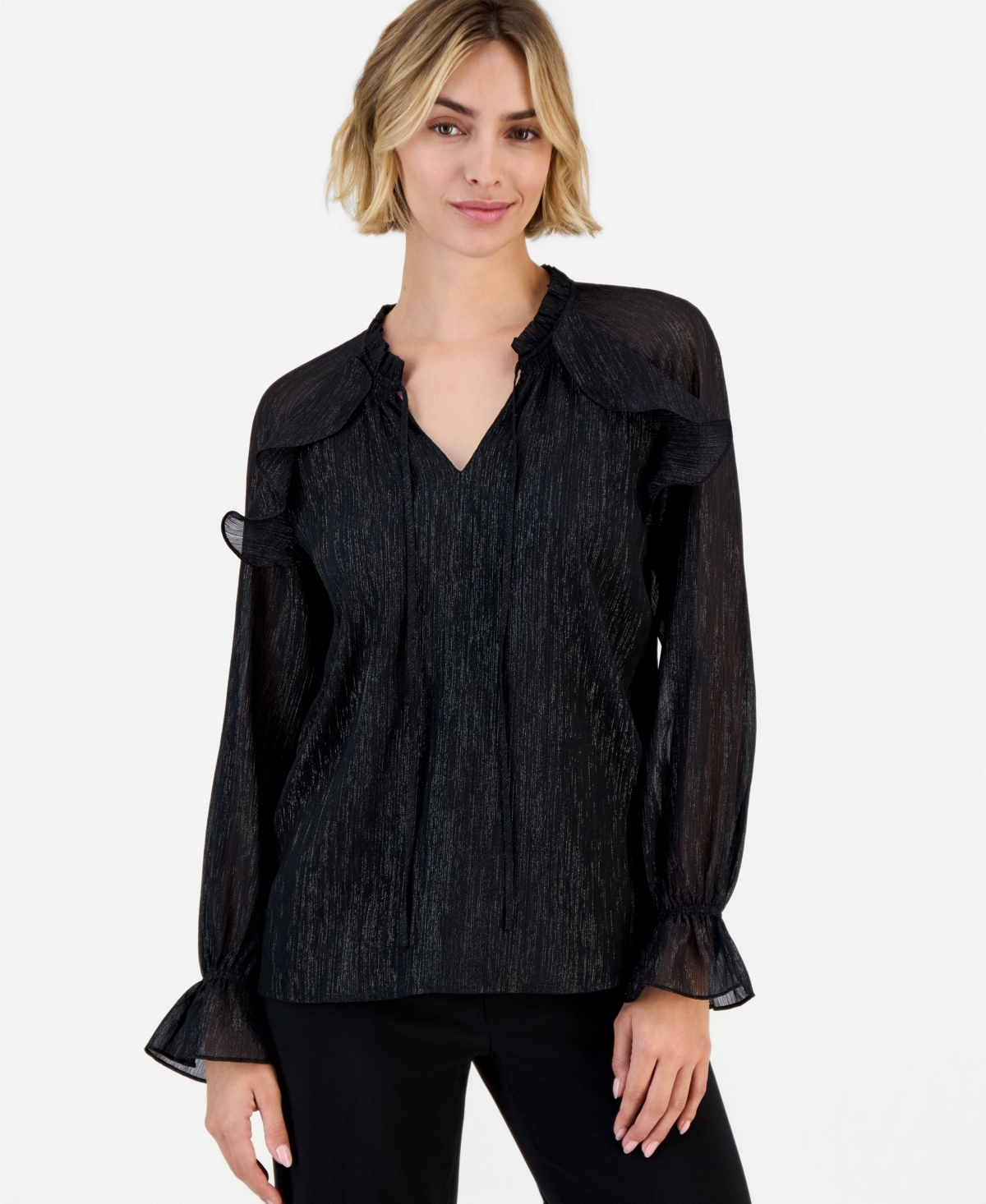 Anne Klein Women's Ruffle Raglan Long-Sleeve V-Neck Chiffon Blouse