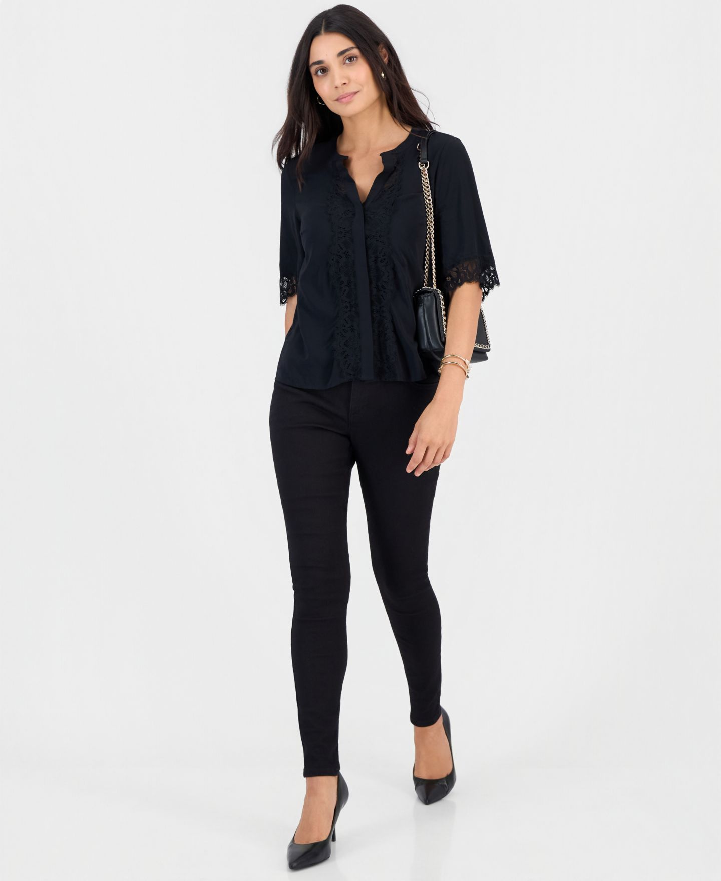 Женская блузка I.N.C. International Concepts Petite Lace-Trim Flowy-Sleeve, цвет: Глубокий чёрный — фото 4