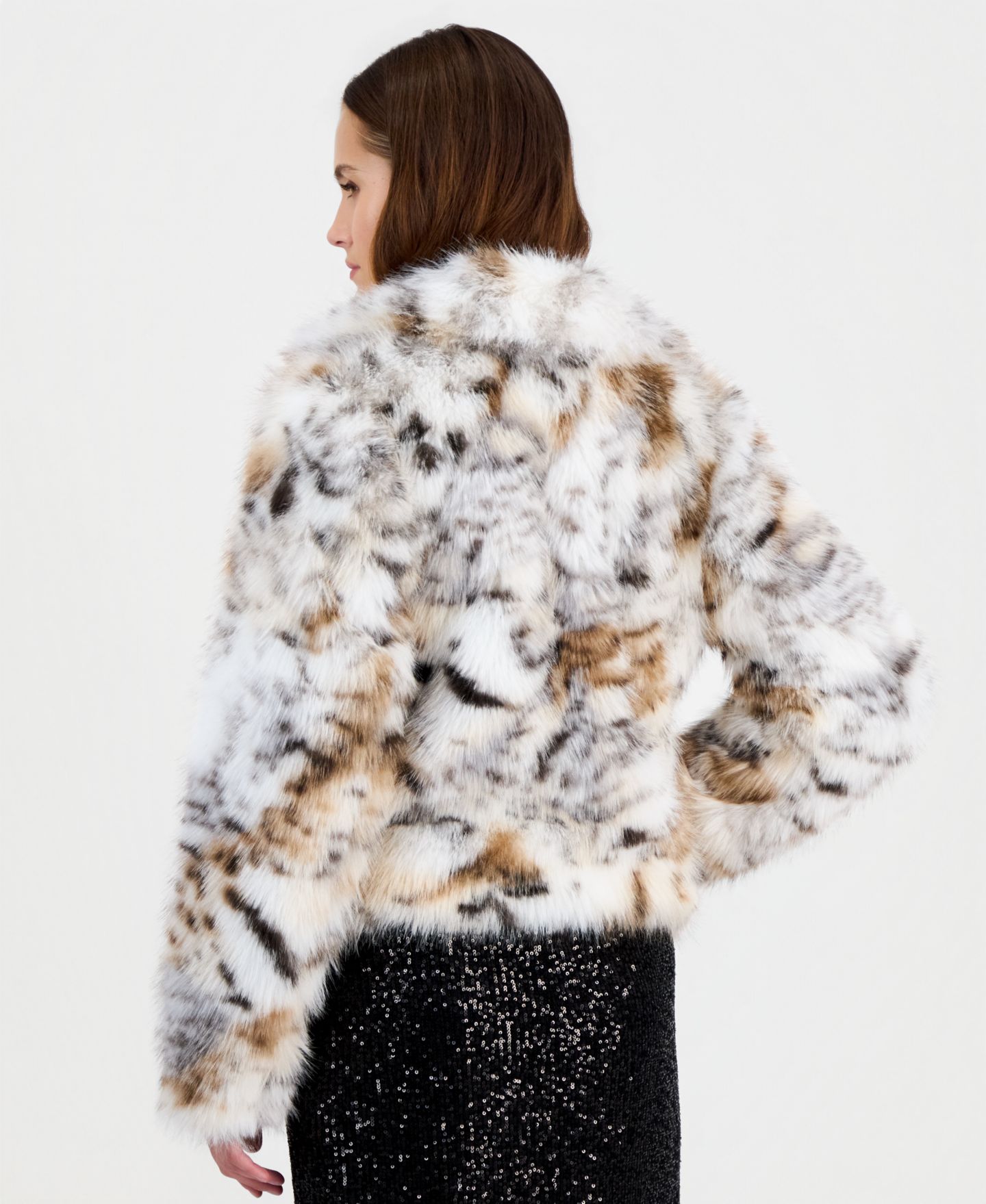 Женская куртка Anne Klein Petite Cropped Animal-Print Faux-Fur, цвет: Кофейный разноцветный — фото 4